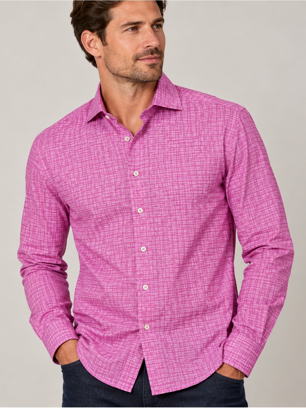 Bugatchi Men’s Pink Shaped Fit 100% Cotton Long Sleeve Button Down Dress Shirt